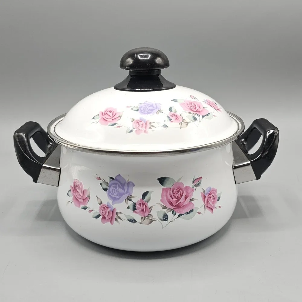 Vintage Roses Floral Flowers Enameled Sauce Pan Pot 1 Quart Grandmacore Cottage